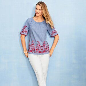 Talbots Women's Size PS Blue Floral Embroidered Short Sleeve Off Shoulder Top